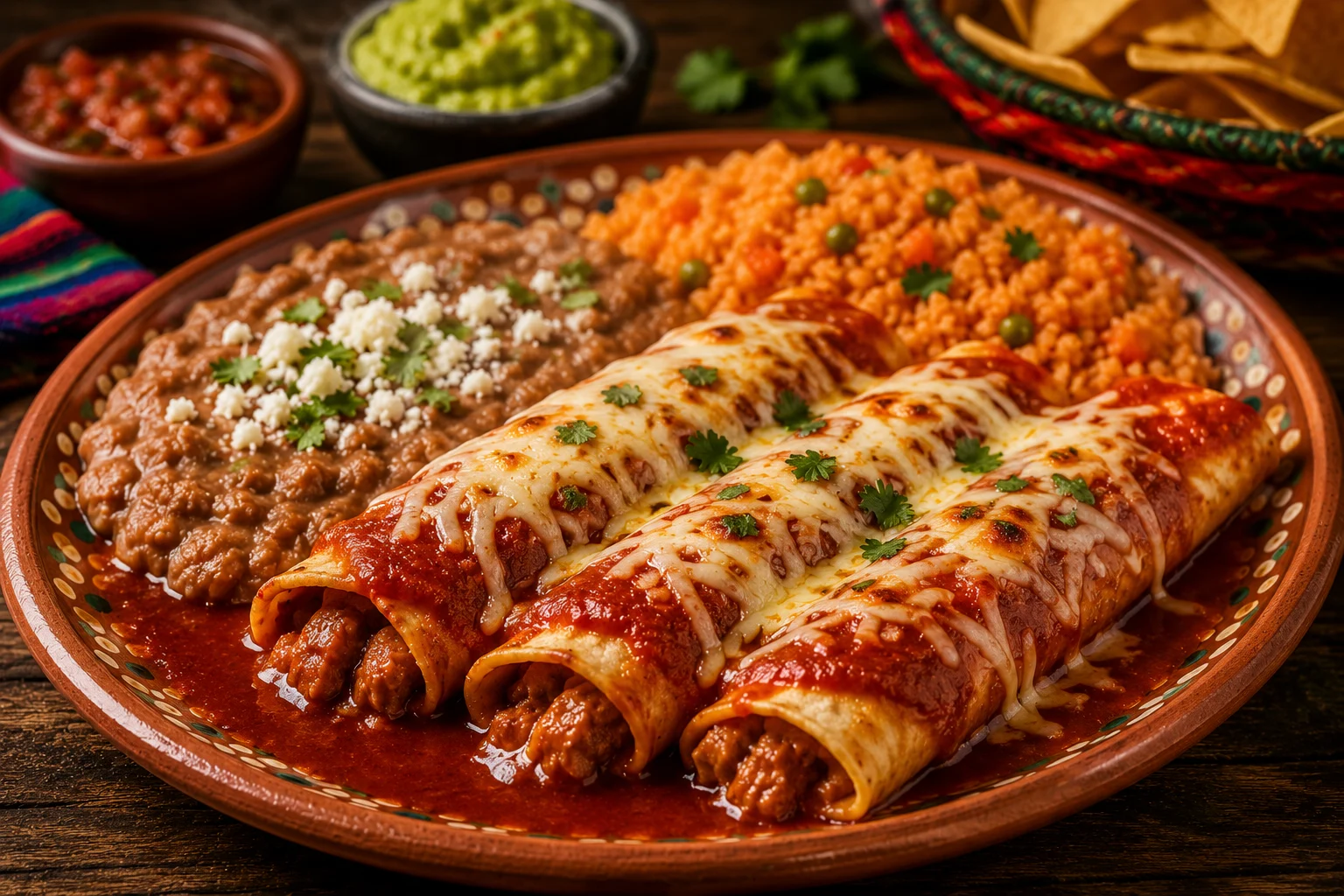Enchiladas smothered in red sauce and melted cheese with rice and beans