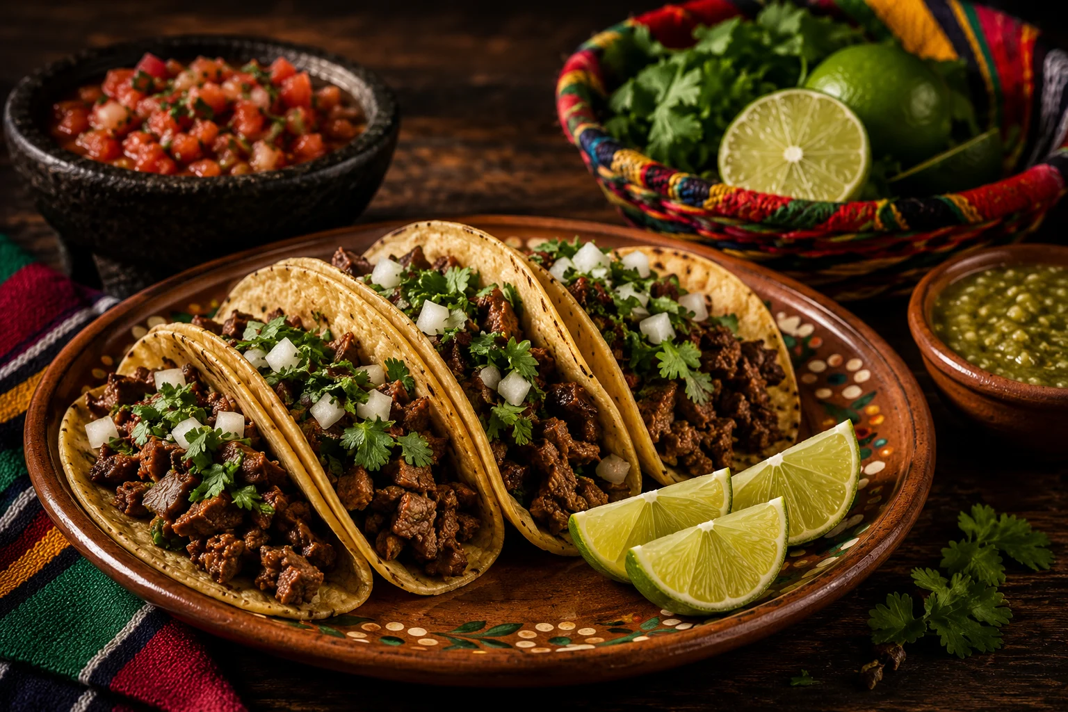 Plate of street tacos topped with onion, cilantro and lime