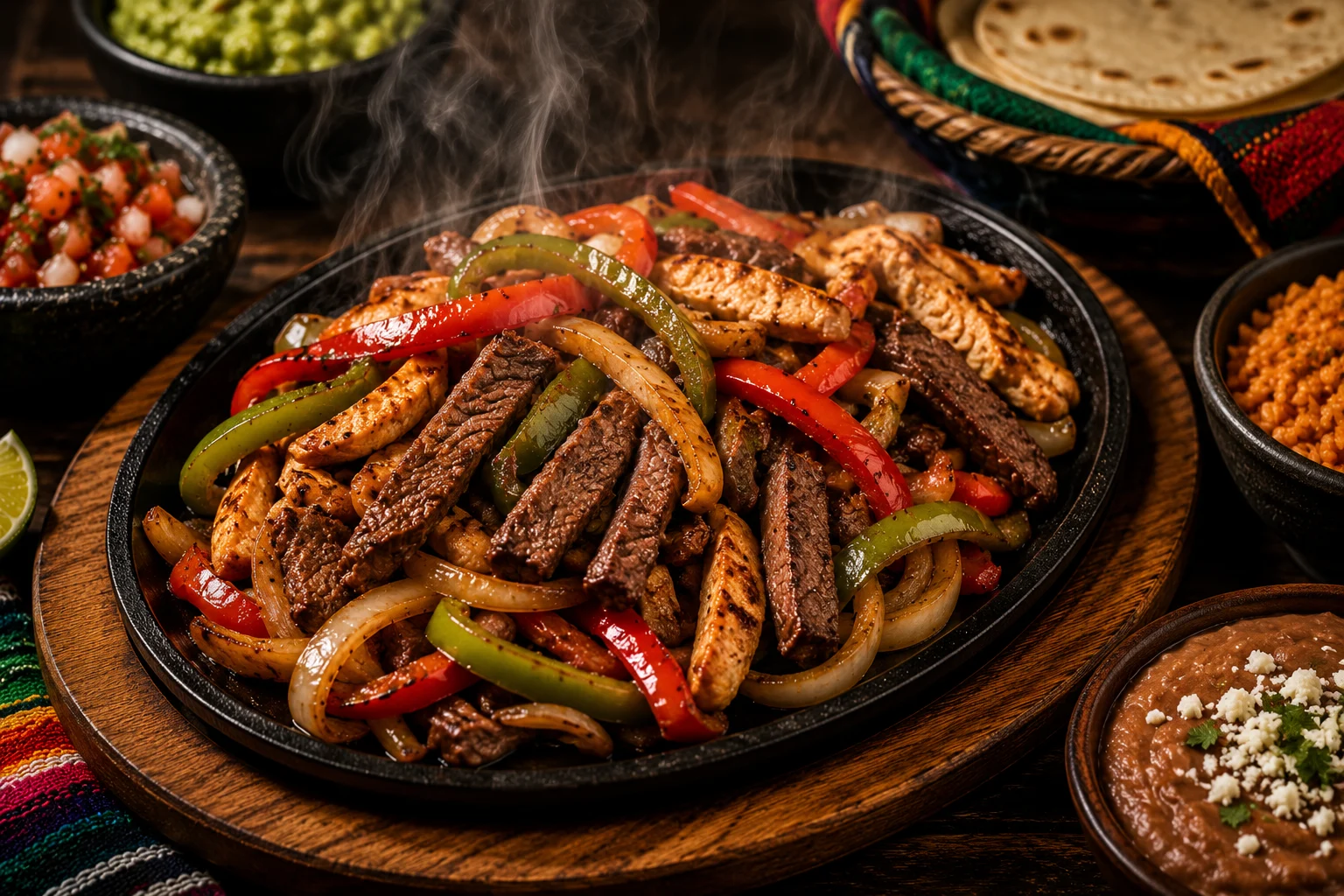 Sizzling skillet of beef and chicken fajitas with peppers and onions
