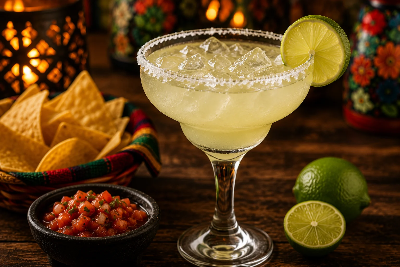 Frozen margarita with a salted rim and lime garnish