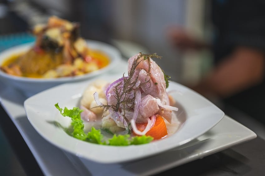Mexican seafood ceviche tostada